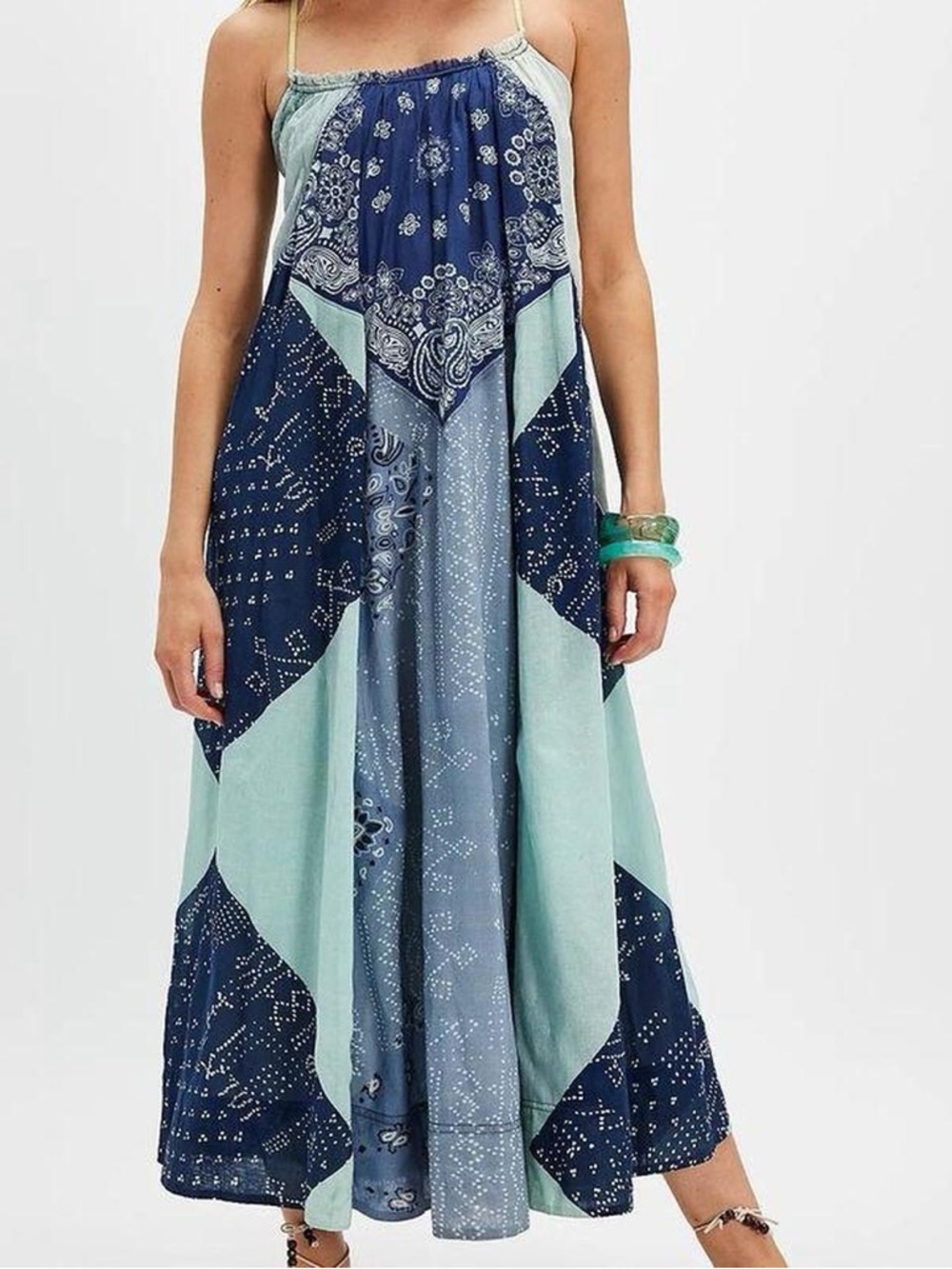 Free People Navy and Mint Patchwork Maxi Dress